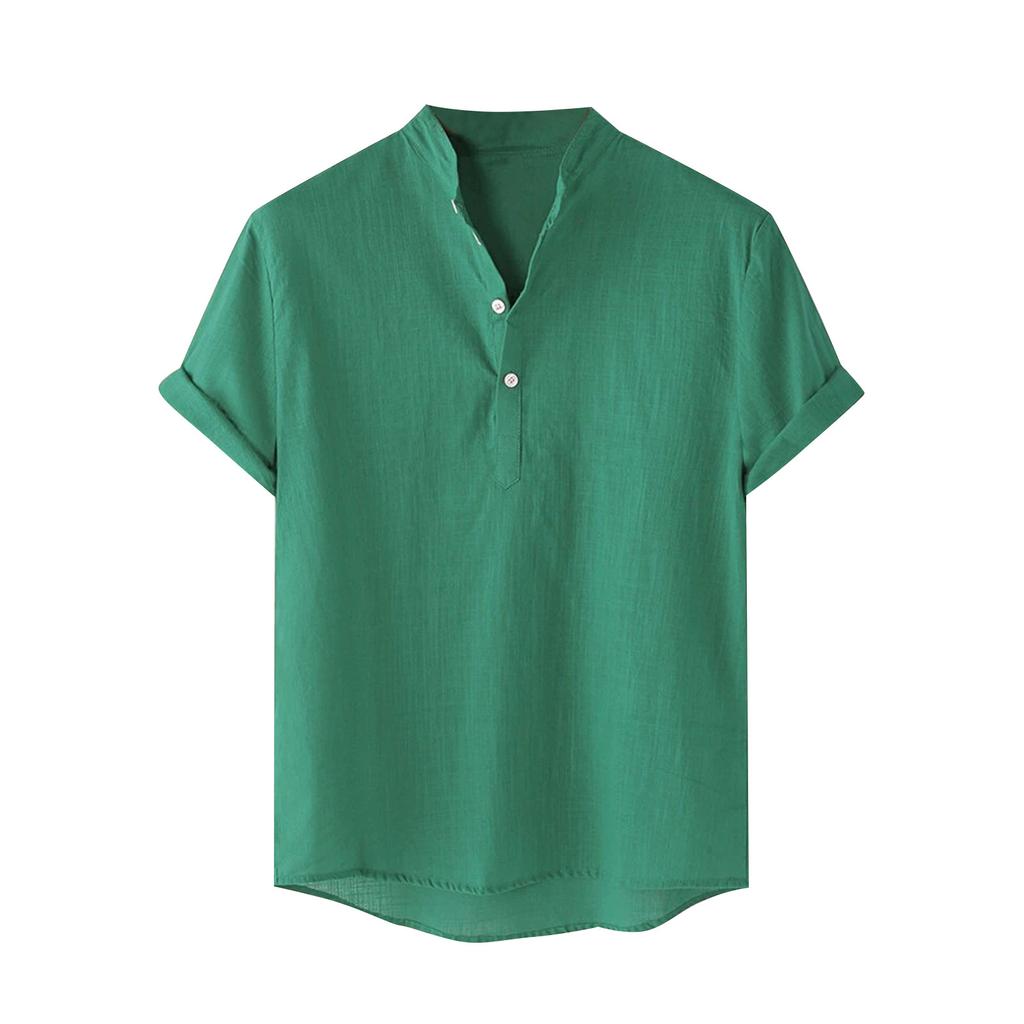Men's Cotton Linen Shirt Regular Fit Short Sleeve V Neck Button Down Summer Shirt Beach T Shirts