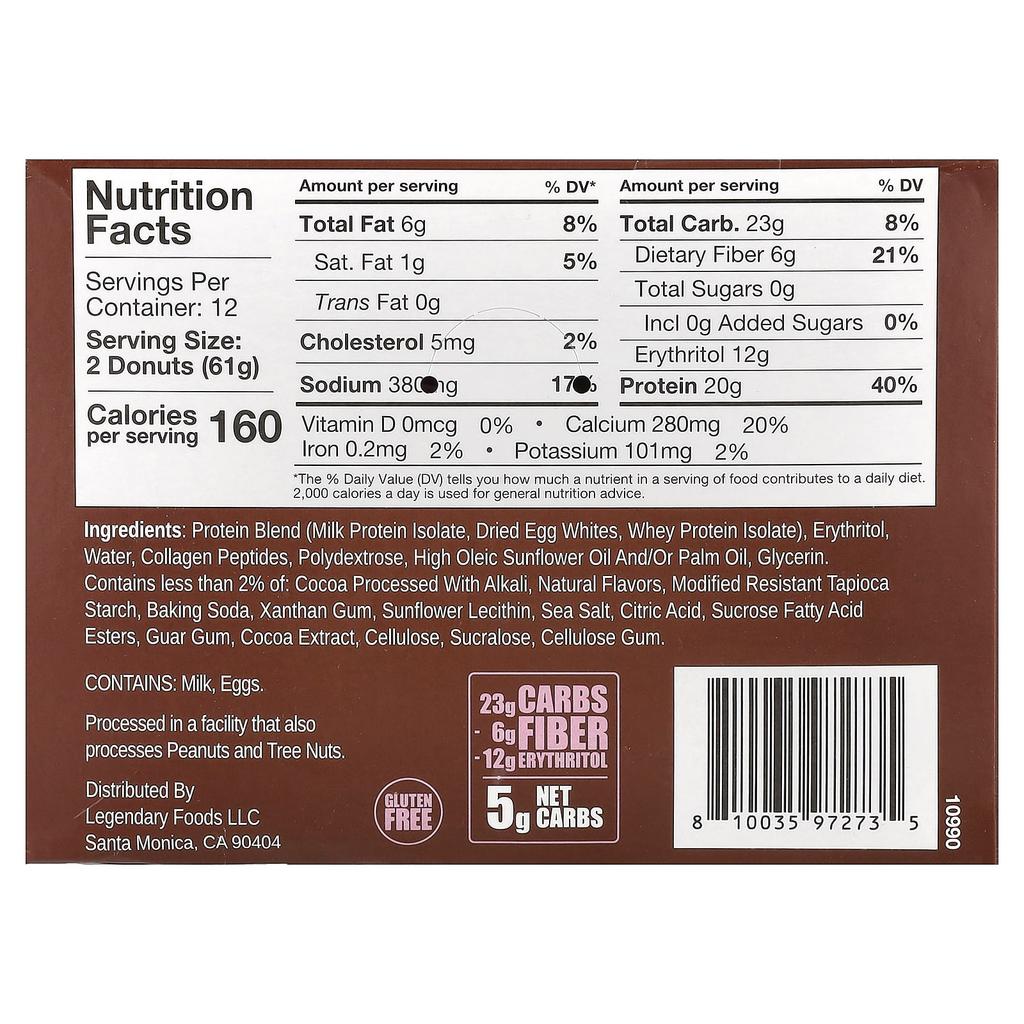 Legendary Foods Protein Donuts, Chocolate Coated, 12 Pack, 61g (2.2oz) Each