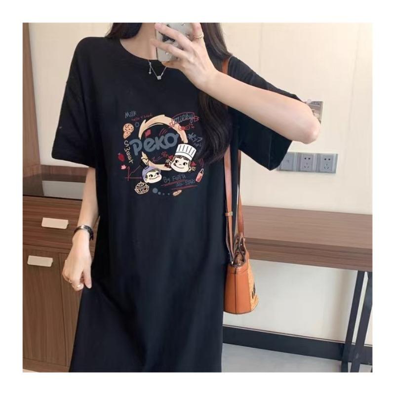 Женское летнее платье-футболка с короткими рукавами, свободное пижамное платье средней длины с разрезом