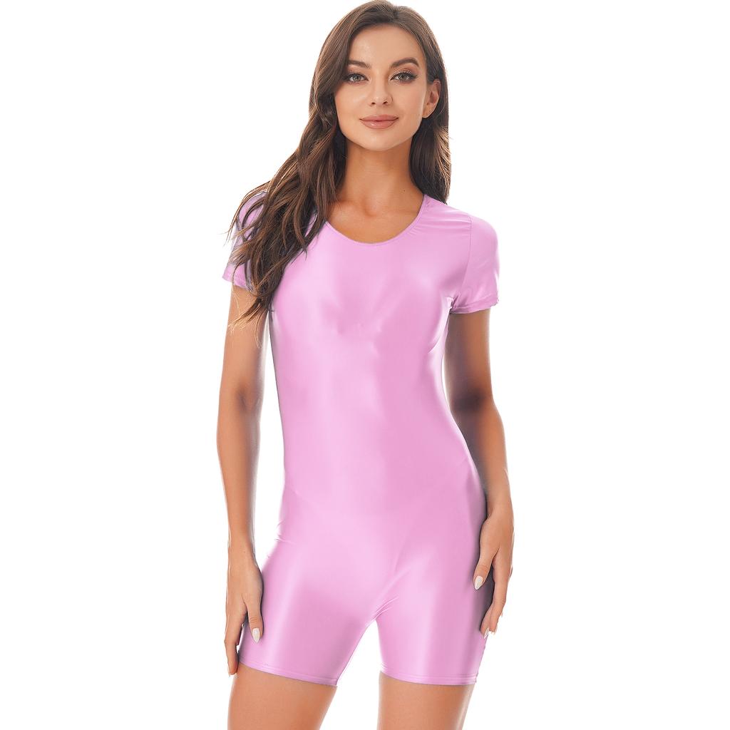 Женский глянцевый комбинезон для плавания с коротким рукавом, цельный купальник, шорты, комбинезон