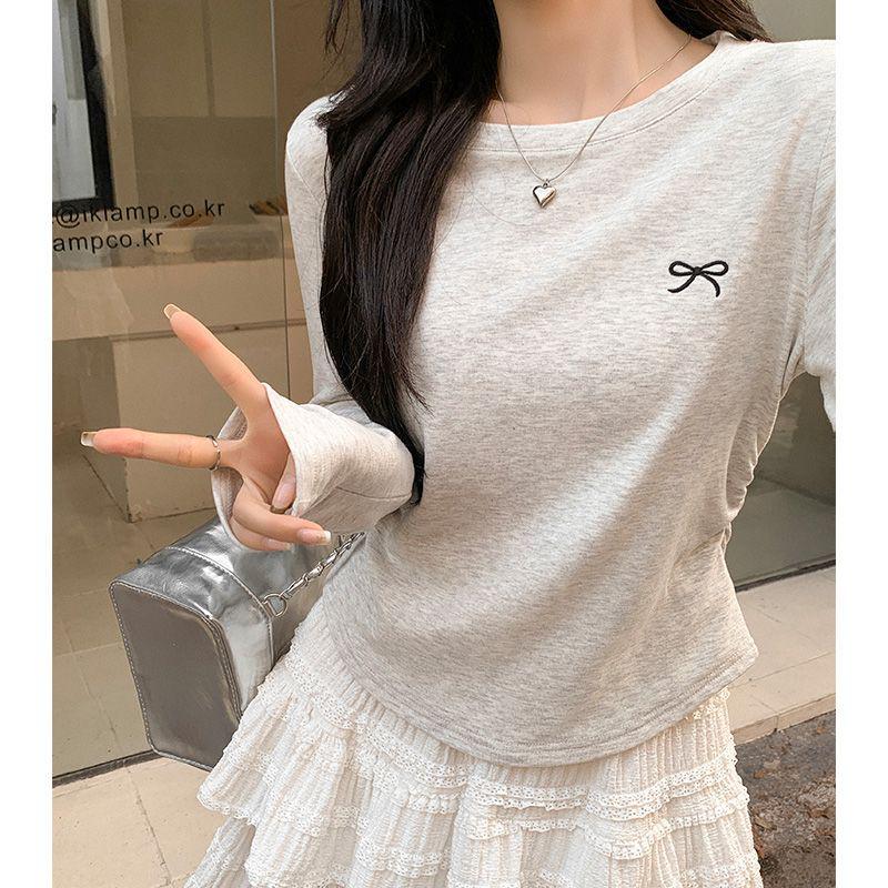 Женский топ с круглым вырезом, вышивкой бантом, длинными рукавами и плиссировкой, ранняя осень