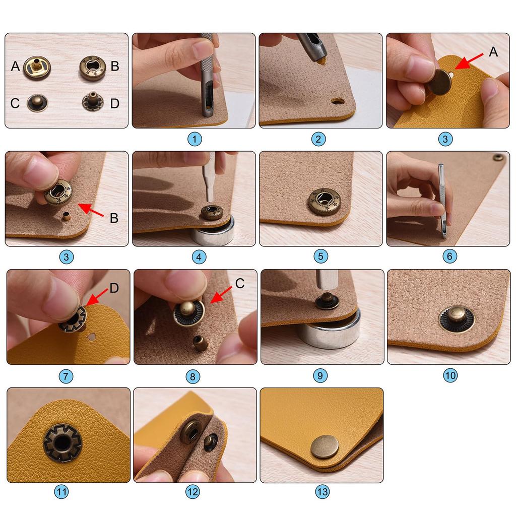 Uxcell Leather Snap Fastener Metal Press Stud Button Tool with 4 Setters and Storage 60 Sets for Clothing and Leather Sewing Kit, Box, 10mm,