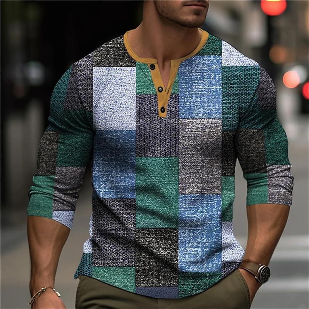 Осенняя рубашка-henley с блоками цвета и пэчворком, 3D-печать, мужская мода, винтажная, на пуговицах, с длинным рукавом, мужские футболки, топы, одежда
