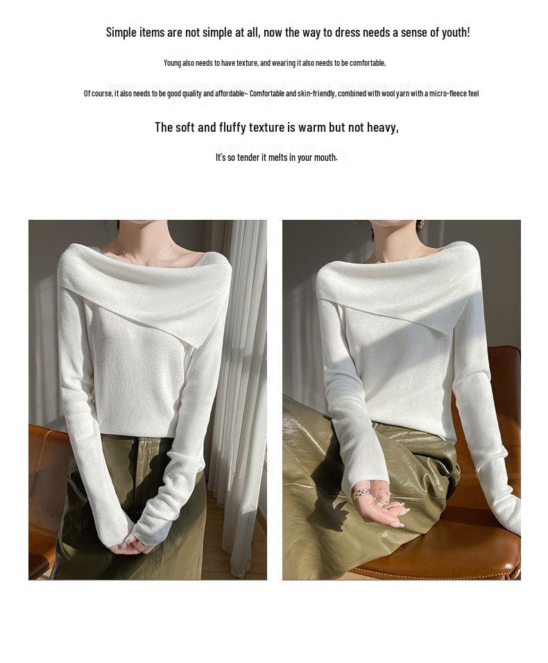 Women's One-Shoulder Irregular Long-Sleeve Knit Top - Spring/Summer, French-Inspired, Imitation Wool, High-Quality.