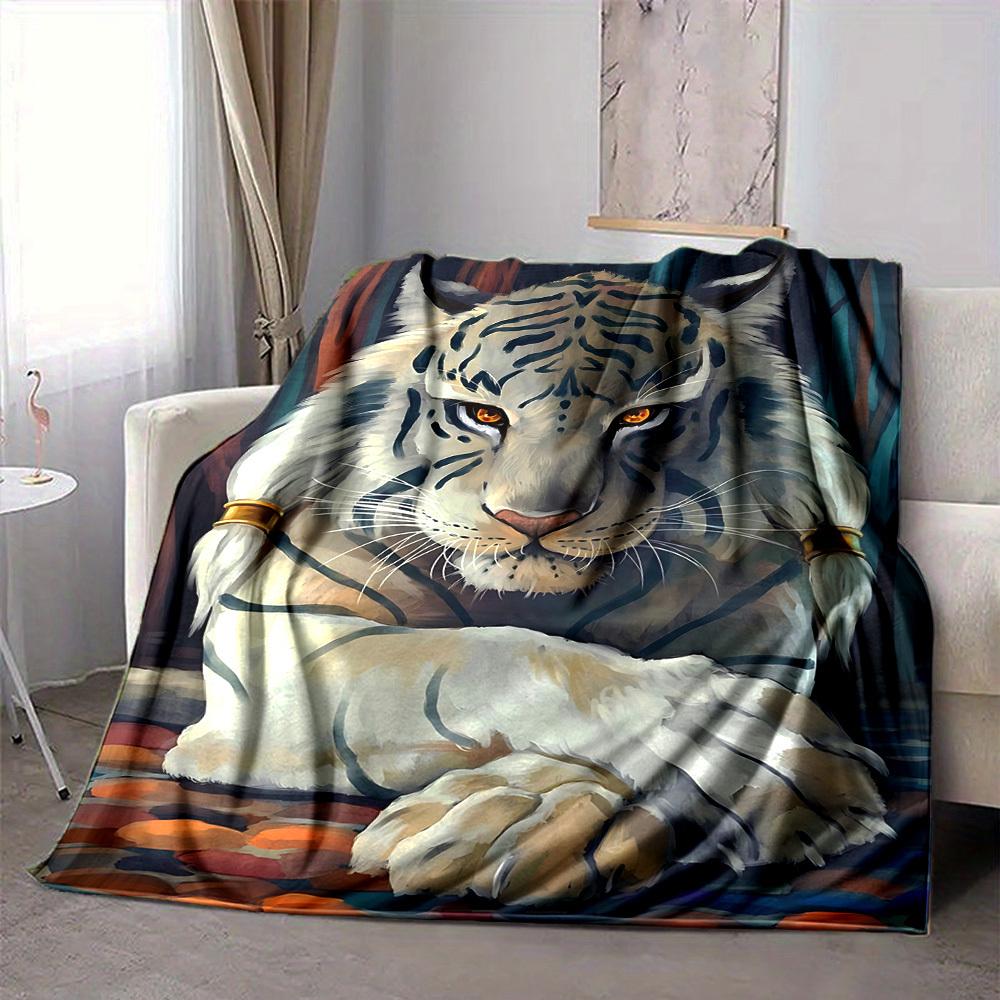 1pc White Tiger Print Blanket Lightweight Blanket Throw Blanket For Sofa, Bed, Travel, Camping, Livingroom, Office, Couch, Chair yy251010047