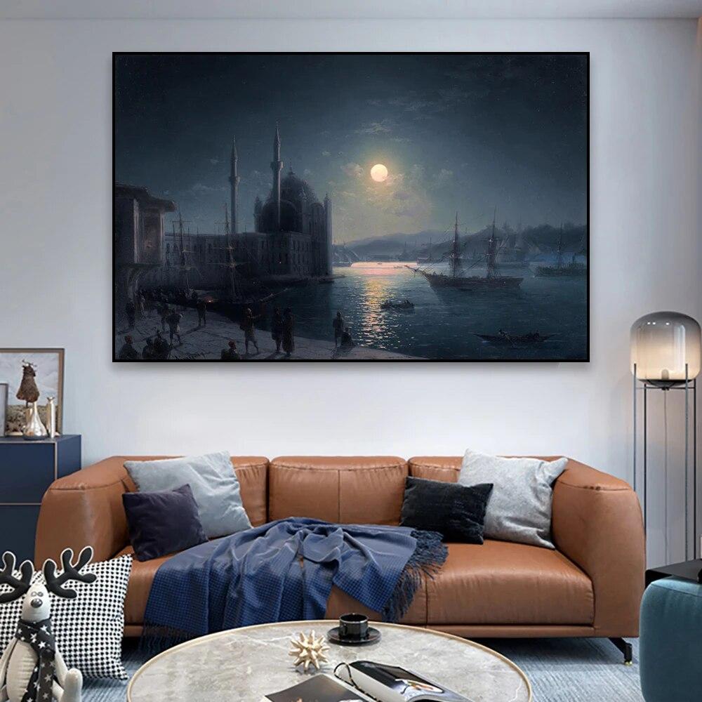 Retro Art Poster Ivan Konstantinovich Aivazovsky Oil Painting Brig Mercury Attacked by Two Turkish Ships Canvas Print Gallery