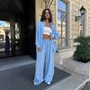 Womens Solid Color Loose Long Sleeve Shirt Wide Leg Pants Set 2026 Casual Two-Piece Outfit