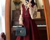 Women's French Retro Red Corduroy Dress, Fake Two-Piece, College Style, Plus Size, Mid-Length, Autumn/Winter.