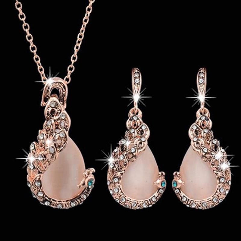 (Necklace + earrings)Women's Elegant Drops Rhinestone Pendant Hook Earrings Jewelry 1set/3pcs AVE