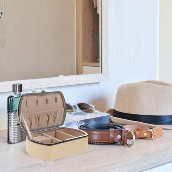 No-brand portable jewelry organizer travel case beige made synthetic material suitable women girls also ideal desktop decoration
