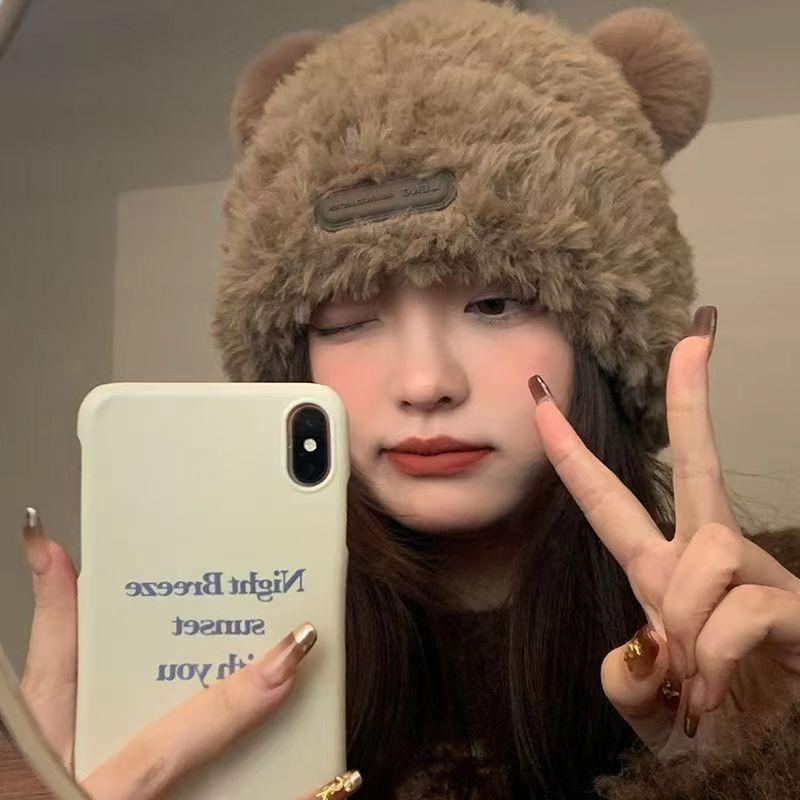 A New Cute Bear Ears Plush Hat Warm Ear Protection Wool Hat Winter Versatile Knitted Hat