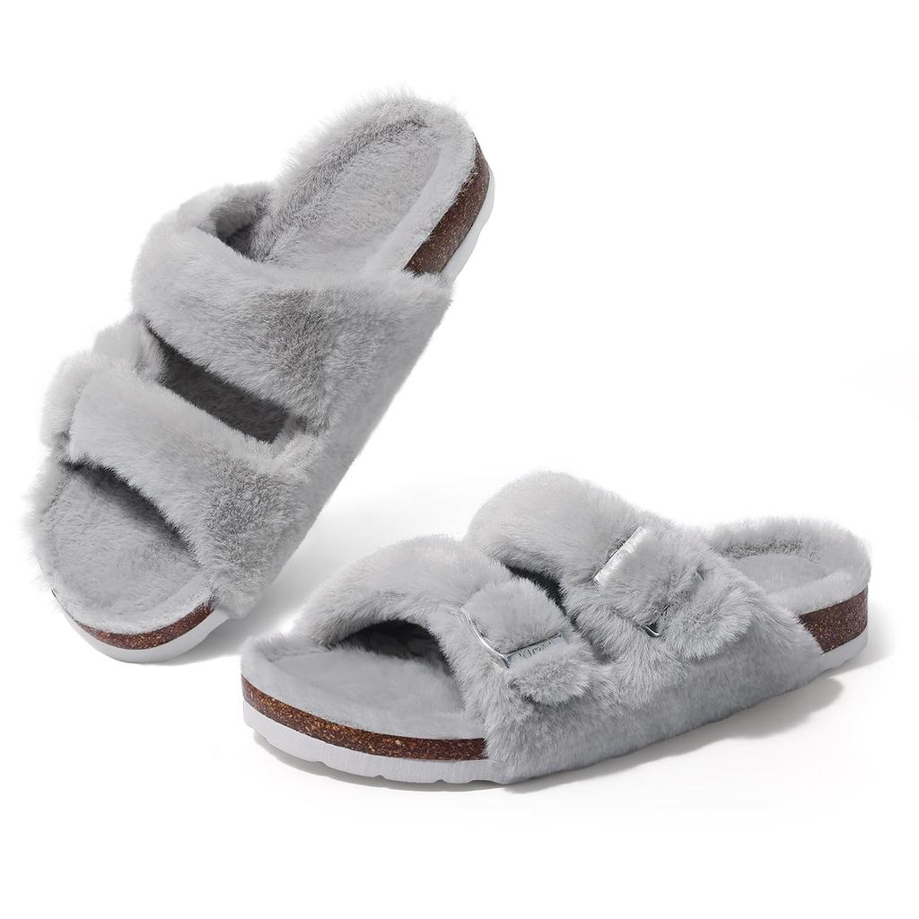 Fashion Smile Fashion Slippers For Women New Cork Insole Comfort Slides Outdoor Fluffy Sandals With Adjustable Metal Buckle Arch Support