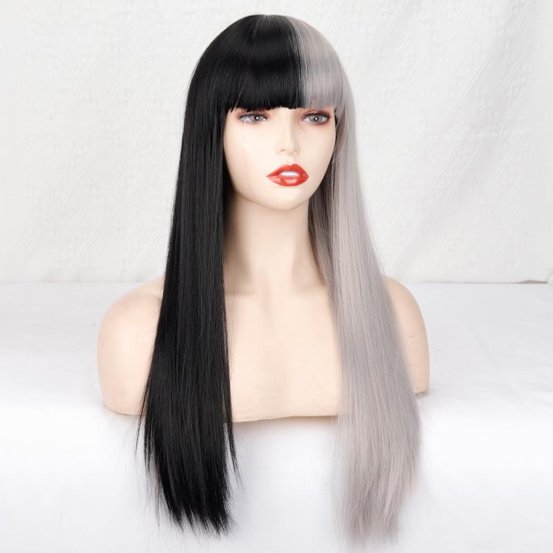MISS WIG Длинный прямой парик Косплей Черный Серый Парик для женщин с челкой Парик из синтетического высокотемпературного волокна