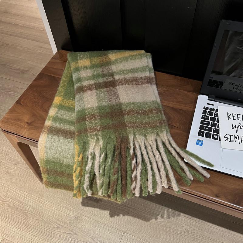 Rainbow Plaid Autumn and Winter Imitation Cashmere Thick Beard Scarf for Female Students Couple Mohair Warm Scarf Thick Shawl