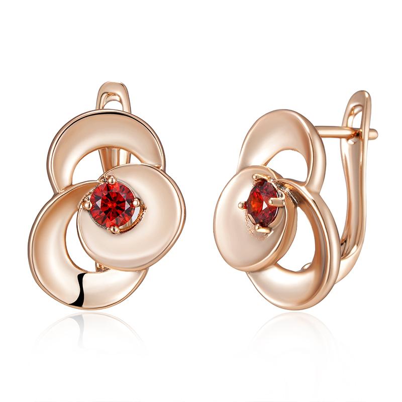 Женские серьги-подвески Kinel с красным цирконием в форме цветка, розовое золото, свадебные украшения для невесты