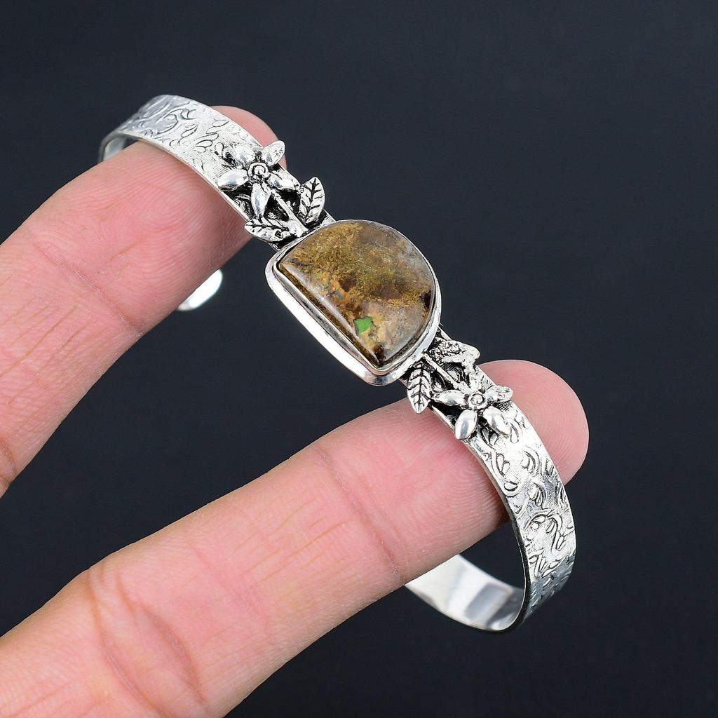Mothers Day Sale Boulder Opal Gemstone Wife Flower Handmade Bangle 925 Silver