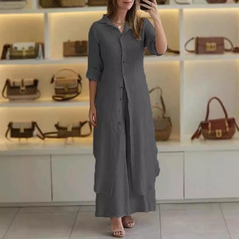 Женский летний, весенний и осенний элегантный хлопковый и льняной костюм с приталенными широкими брюками и длинными рукавами