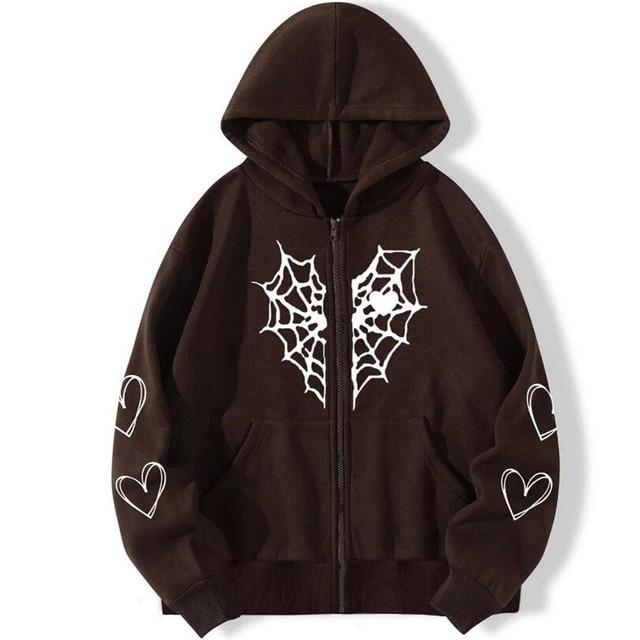 Rhinestone Cobweb Zip Up Oversized Sweatshirt 2023 Autumn Goth Hoodie Men Women Grunge Hooded Jacket Streetwear Y2k Clothing