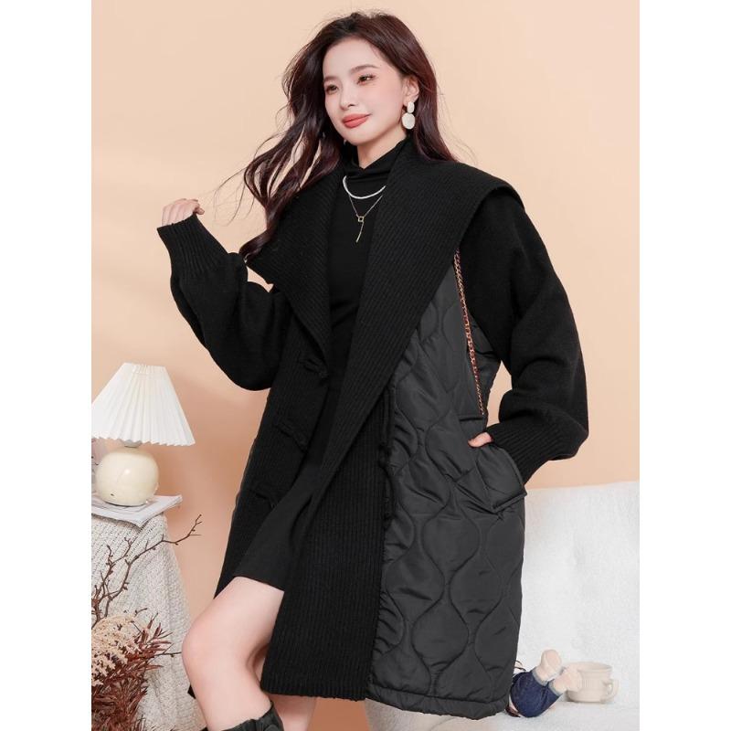 Winter New Women Sweaters Coat Wadded Coat Knitting Jacket Patchwork Long Fake Two-Piece Loose Sweater