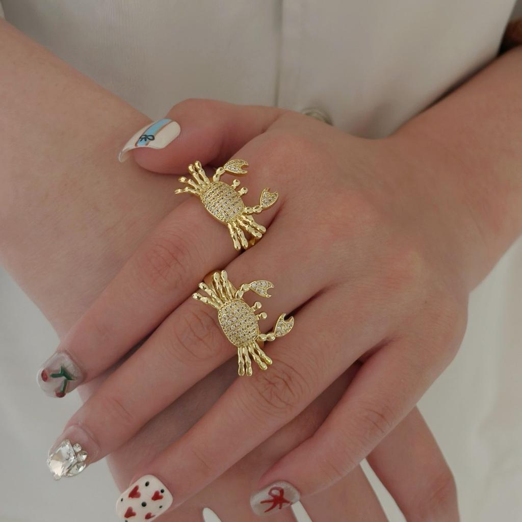 Hot-Selling Jewelry, Copper-Plated Zircon Animal Ring, Crab Fashion Open Ring, Niche Exquisite