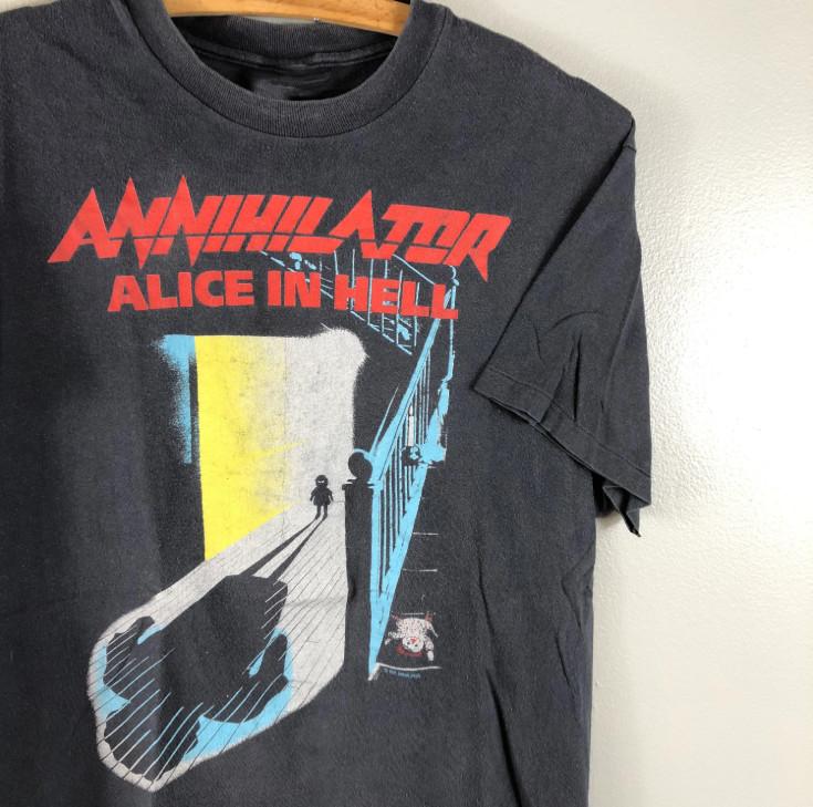 Unique 1989 Annihilator Alice in Hell Alice Black Full Size T-Shirt NZ343