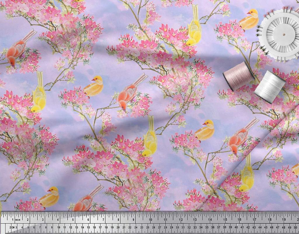 Soimoi Серая полиэфирная креповая ткань с принтом «Цветы и голуби и птицы» шириной 42 дюйма по метрам