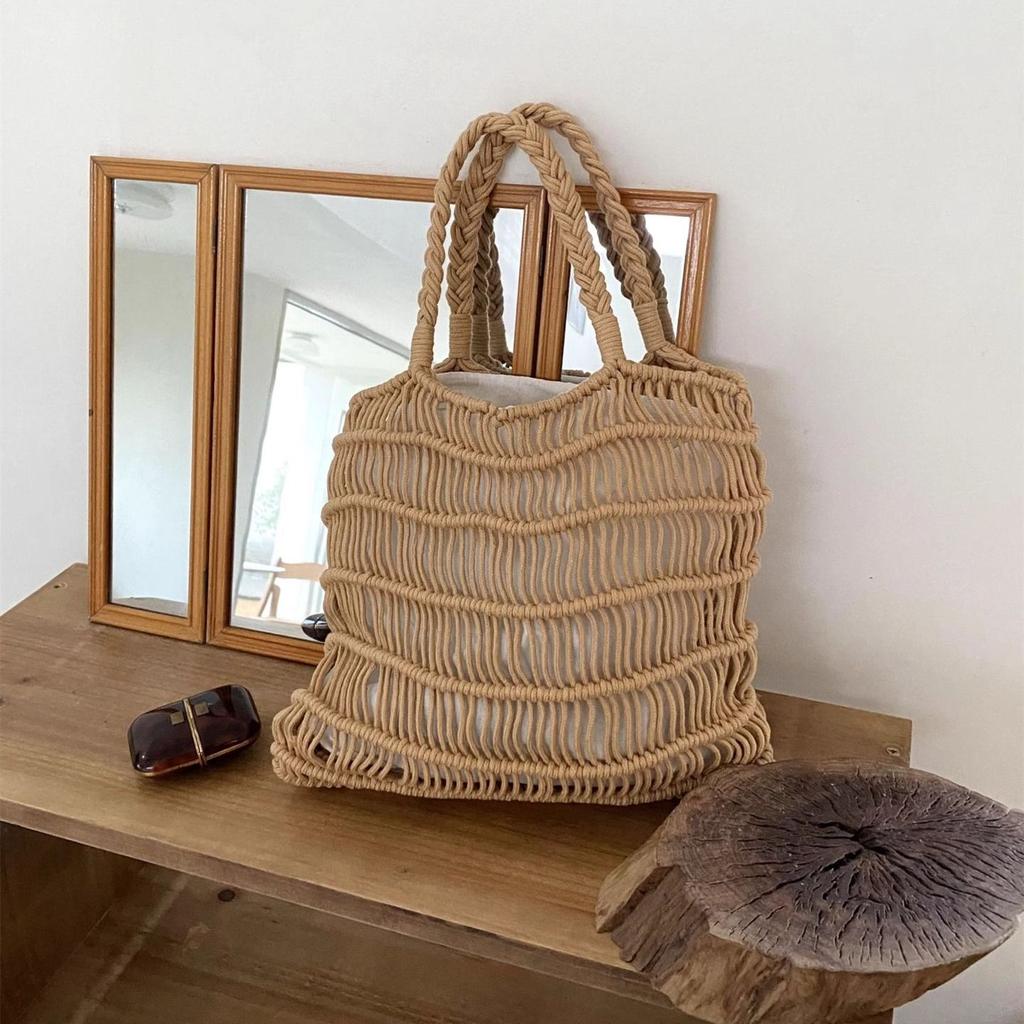 Соломенная плетеная женская сумка из хлопка, ручной работы, для отпуска - Ленивая летняя ажурная пляжная сумка, универсальная сумка под мышкой