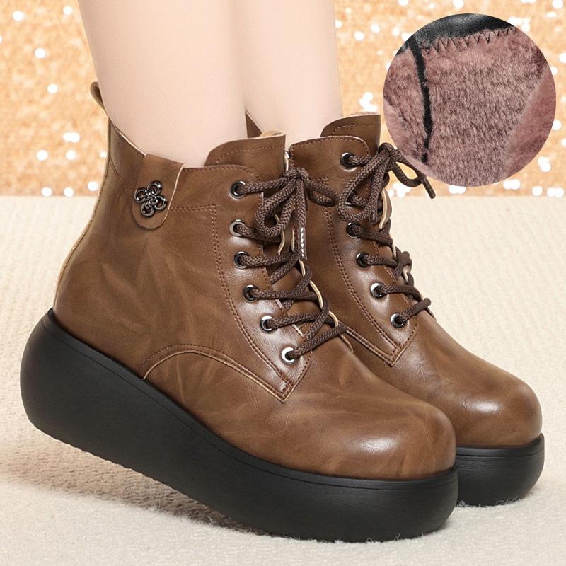 6 см Удобная Толстая Подошва Платформа Обувь Мягкая Кожа Ботинки Зима 2025 Средний Каблук Танкетка Короткий Мех Снежные Ботильоны для Мамы