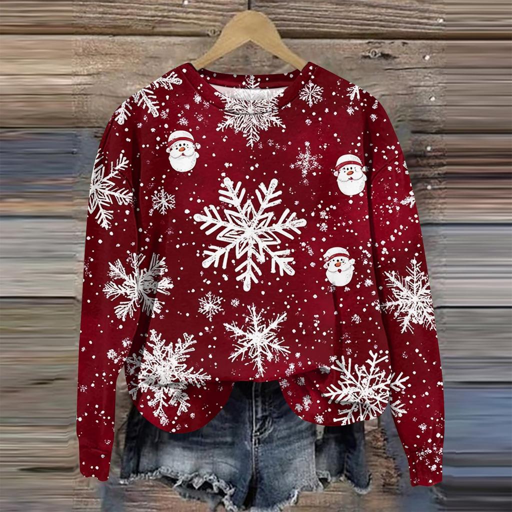 Женская мода круглый вырез пуловер длинный рукав футболка рождественский принт топ