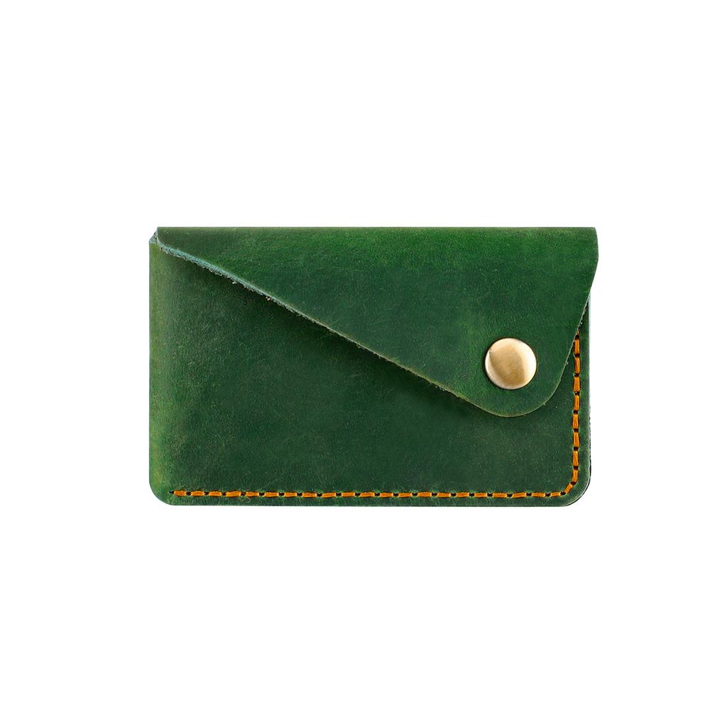Retro Handcrafted Crazy Horse Leather Envelope Card Holder, Vintage Genuine Leather Slim Card Wallet with Snap Button for Men