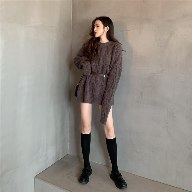 Пуловер-свитер, осенне-зимний новый свободный верхний наряд, свободный свитер средней длины с круглым вырезом, женский вязаный свитер, пальто