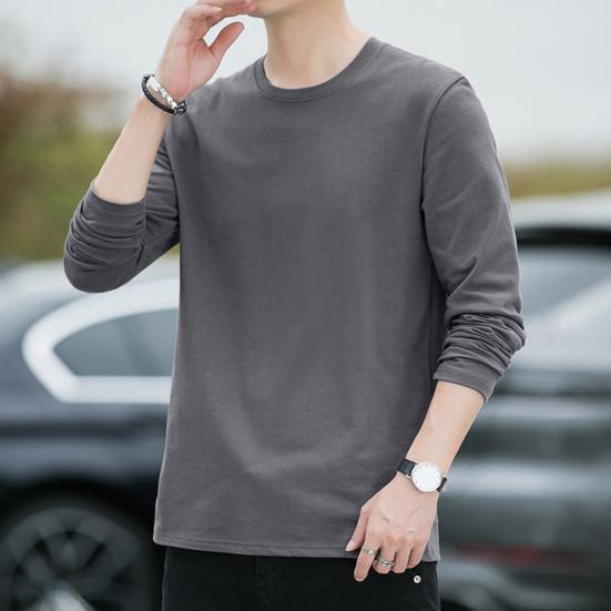 Men Tops Round Neck Long Sleeve Autumn Tops Solid Color