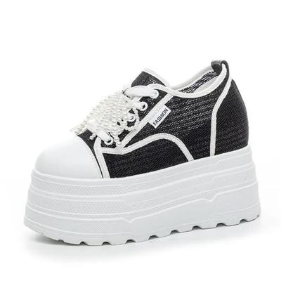 Мода 12 см Воздушная сетка Натуральная кожа Вулканизация Новинка Лето Высокий Бренд Платформа Клиновидный Массивный Кроссовок Лофер Удобная Вулканизация Женская Обувь