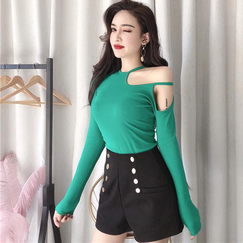 Женская футболка с асимметричным воротником и открытыми плечами, длинными рукавами