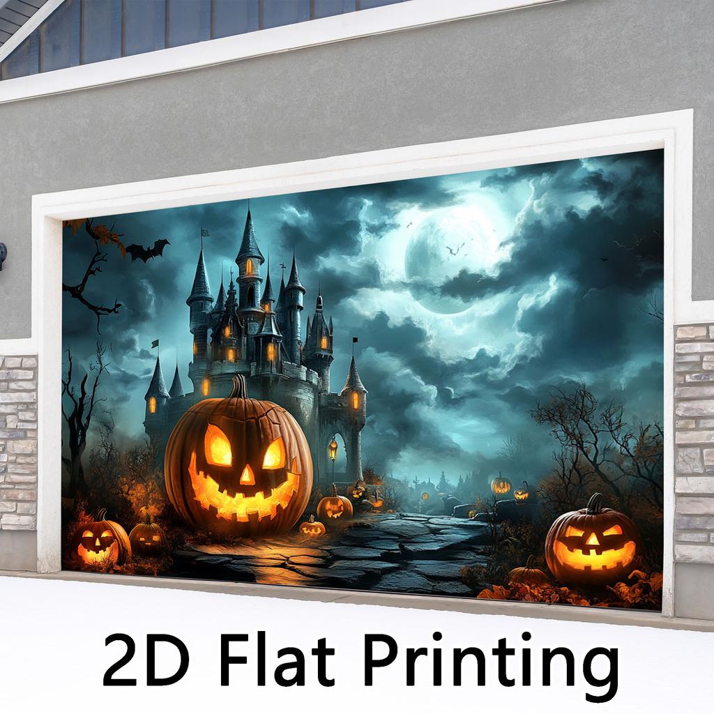 Single piece, 2D flat printing, Halloween midnight pumpkin castle garage door fabric, festive party matching drapery fabric