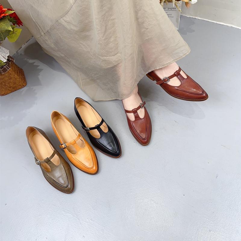 Модные туфли Мэри Джейн из коровьей кожи, полностью кожаные туфли-лоферы из овчины, для повседневных прогулок, ретро женская обувь, с острым носом и элегантные