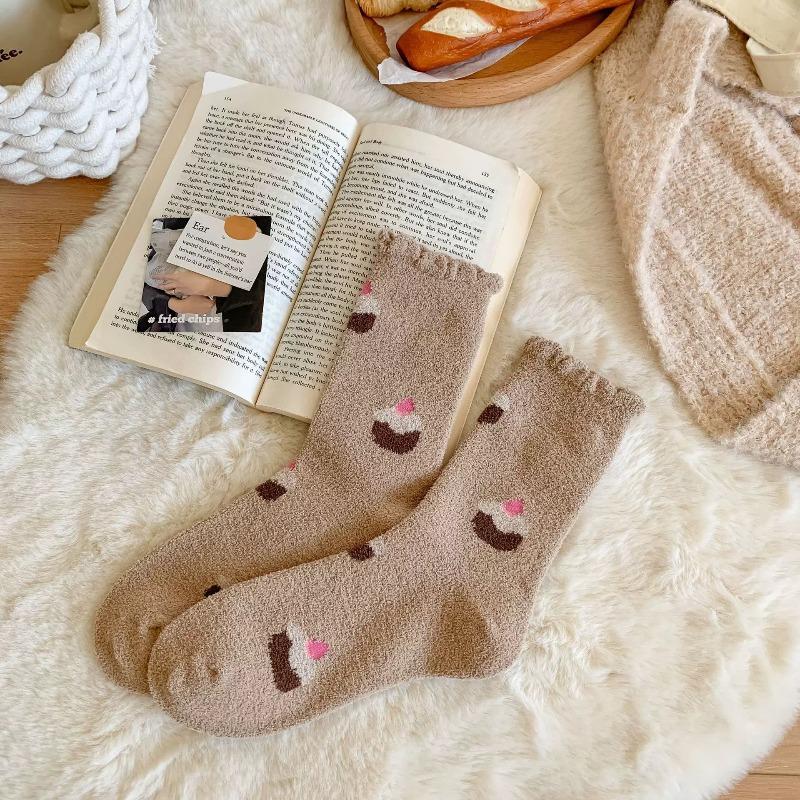 Женские осенне-зимние утолщенные теплые носки до середины икры из австралийской шерсти, домашние носки для пола, носки с махрой, модные носки-тортики