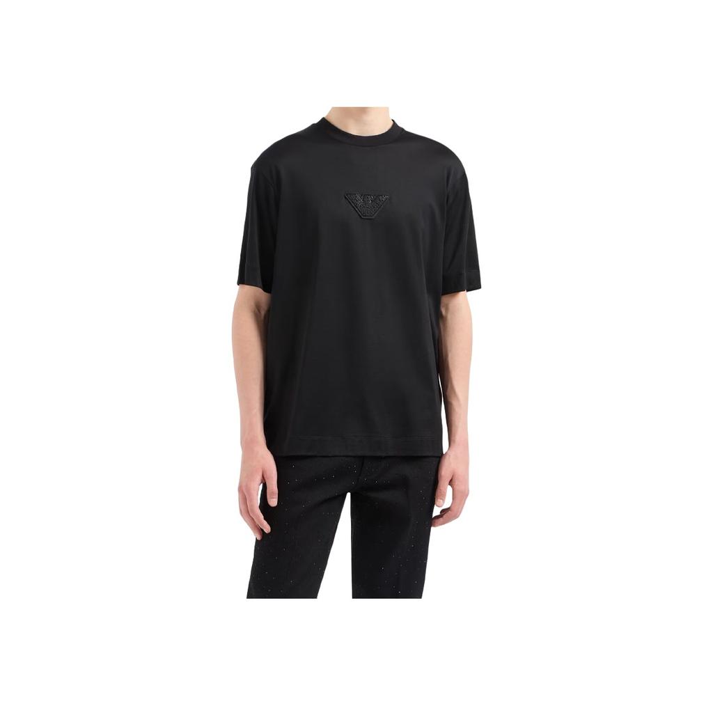 Emporio Armani Капсульная коллекция для клубов Однотонная вязаная футболка с круглым вырезом и коротким рукавом Мужские топы Черный EM001493-AF10017-UC001