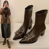 2025 осень и зима остроносые ботильоны на толстом каблуке с пряжкой на ремне женские в европейском и американском стиле на высоком каблуке с задней молнией из супермягкой кожи