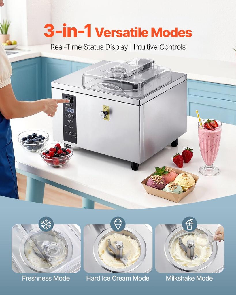 Commercial Hard Ice Cream Machine, 500W 5L per Hour, Gelato Hard Serve Ice Cream Maker with 2.8L 304 Stainless Steel Cylinder, Auto Clean LED Panel