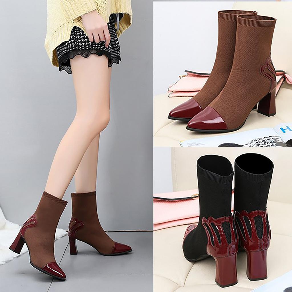 Women's Mesh Stretch Fabric Square Heel Nude Boots Pointed Casual Boots Women's Boots