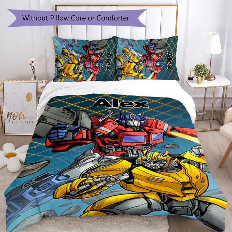 3pcs Custom Name Cartoon Optimus Prime & Bumblebee Bedding Set Duvet Cover Closure Includes 1 Duvet Cover & 2 Pillowcases for All Seasons Bedroom Deco