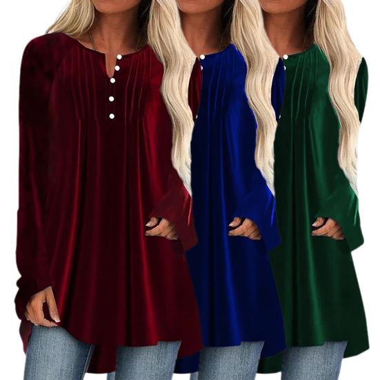 Women Velvet Shirt V-Neck Buttons Half Placket Long Sleeve Asymmetric Hem Pullover Tops Solid Color Mid-length Blouse