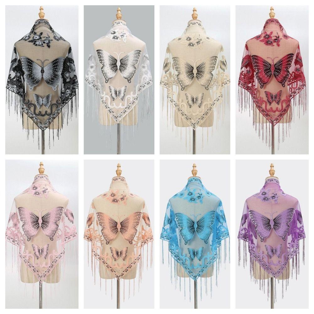 Butterfly Lace Hollow Scarf Polyester Mesh Scarves Elegant Tassel Triangle Shawl Church