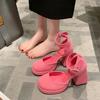 Модные супер высокие каблуки Мэри Джейн Высокие каблуки Женские 2024 Весна Новые Розовые Принцесса Квадратный носок Толстый каблук Модные ажурные сандалии