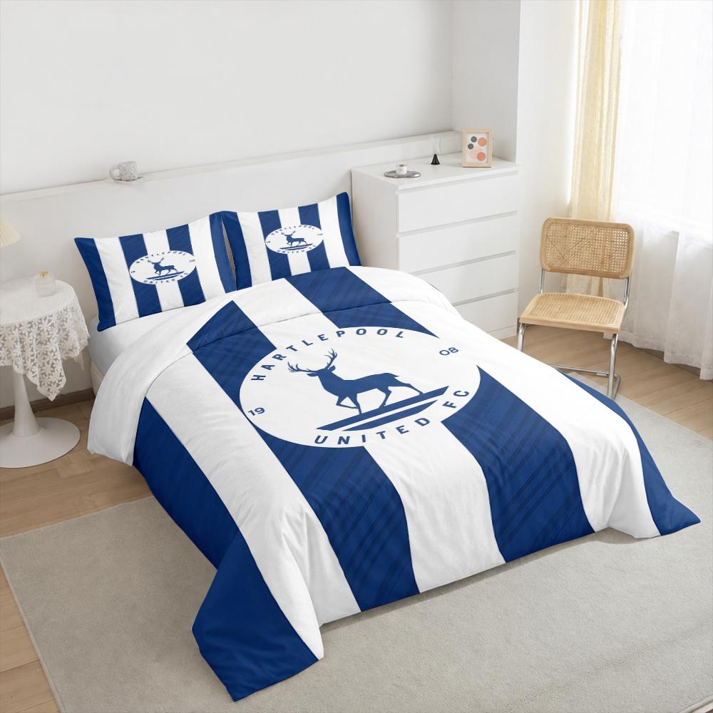 3 Piece Bedding Set Hartlepool United 1908 Deer Stag Crest Blue White Stripe Duvet Cover for Men Fan Gift