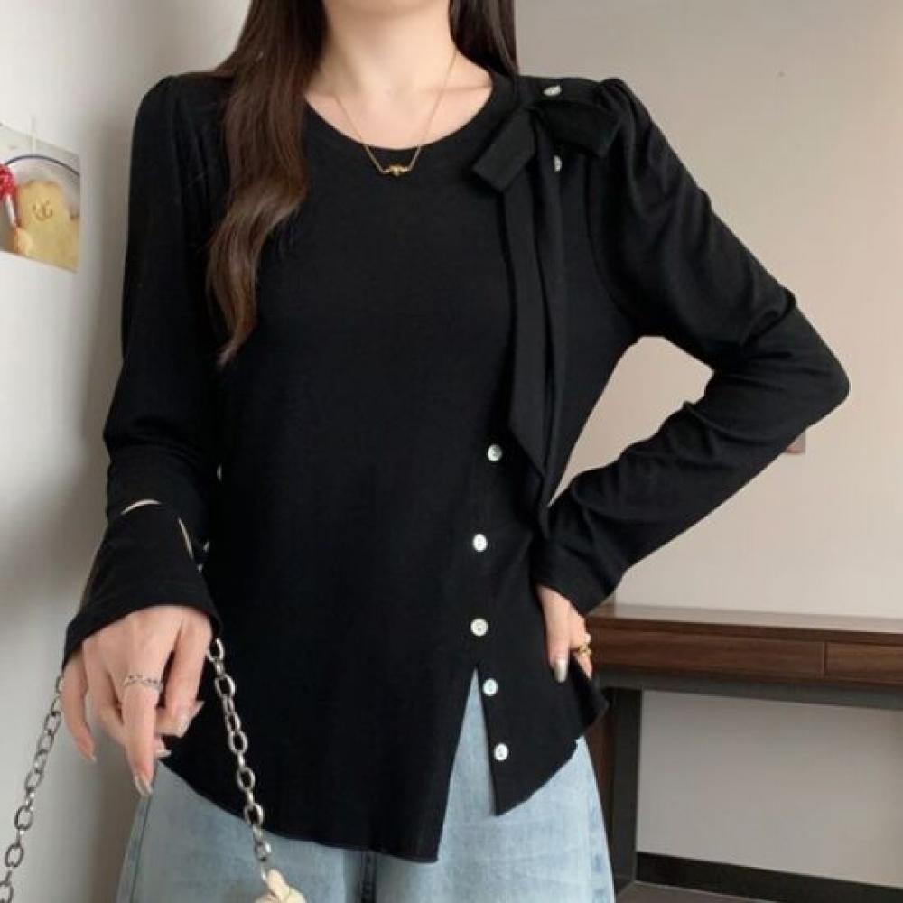 Navava Round Neck Long Sleeve T shirT Side sliTs buTTon Ribbon nT3263