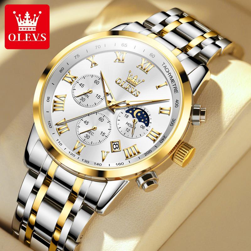 Мужские многофункциональные часы Oulishi: Светящийся календарь, Водонепроницаемый, Стальной браслет, Трехглазковый, Шестистрелочный.