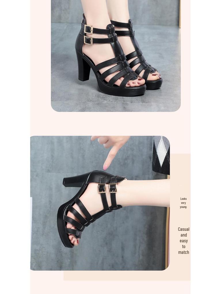 Женские летние 2025 года сандалии на высоком каблуке в римском стиле, с открытым носком, на платформе, кожаные