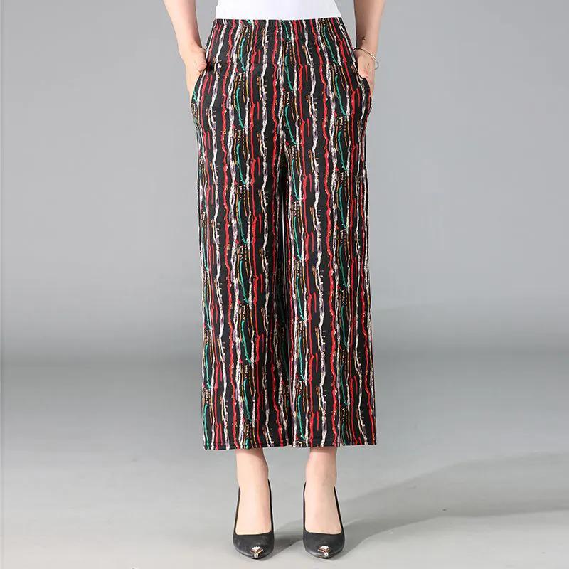 WTEMPO Женские брюки-клеш с широкими штанинами из шелка с принтом весна-лето, эластичные, с высокой талией, тонкие, свободные, укороченные брюки для мам